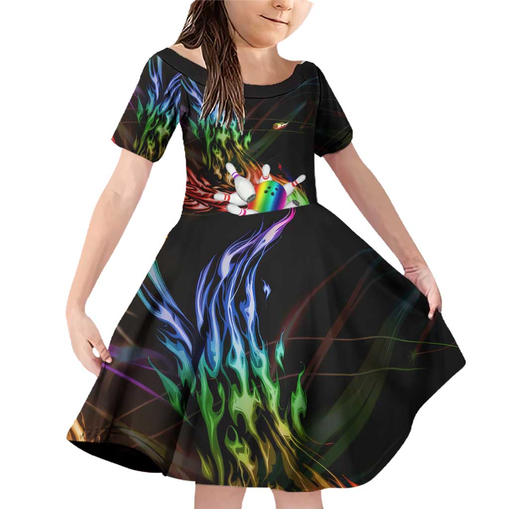 Custom Bowling Quarter Rainbow fFame Bowling Ball Family Matching Off Shoulder Short Dress and Hawaiian Shirt with Colorful Flaming Strike Design Rainbow Ball - Wonder Print Shop