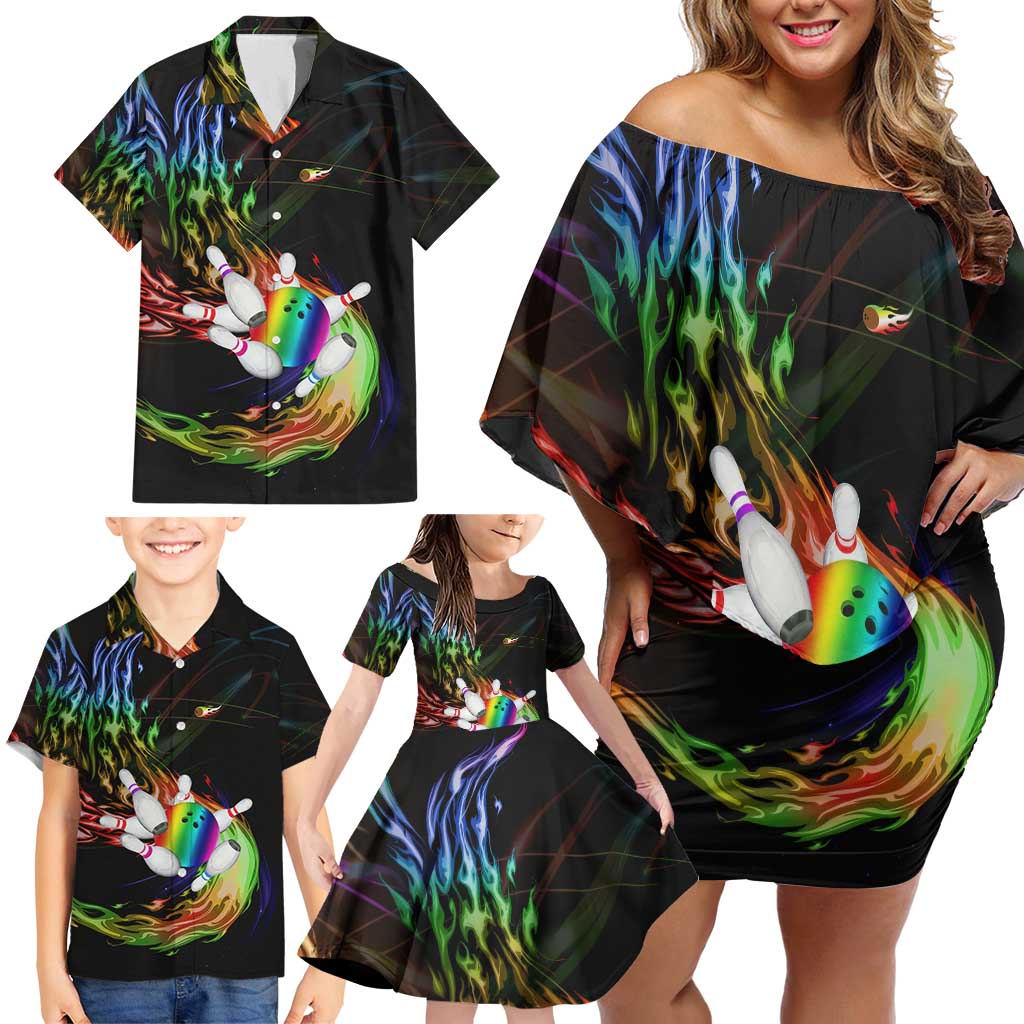 Custom Bowling Quarter Rainbow fFame Bowling Ball Family Matching Off Shoulder Short Dress and Hawaiian Shirt with Colorful Flaming Strike Design Rainbow Ball - Wonder Print Shop