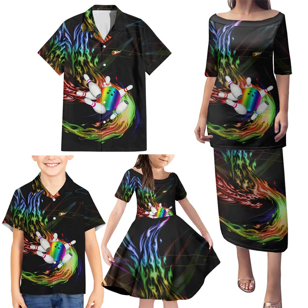 Custom Bowling Quarter Rainbow fFame Bowling Ball Family Matching Puletasi and Hawaiian Shirt with Colorful Flaming Strike Design Rainbow Ball - Wonder Print Shop