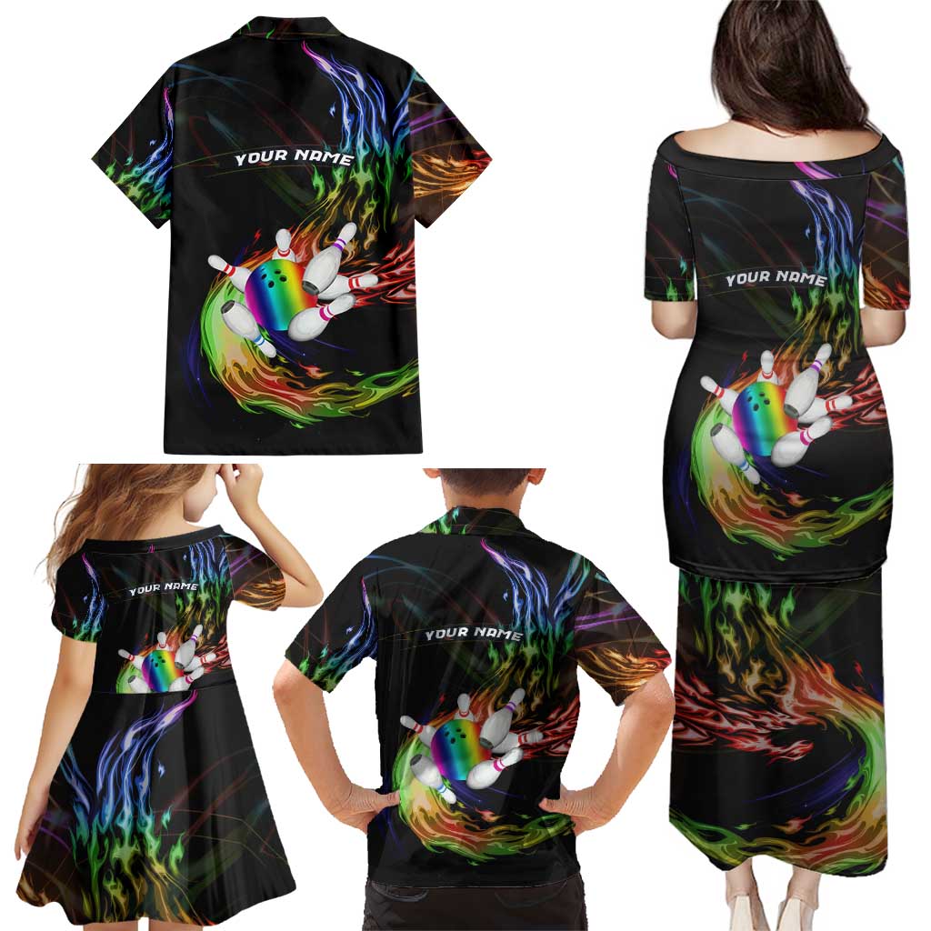 Custom Bowling Quarter Rainbow fFame Bowling Ball Family Matching Puletasi and Hawaiian Shirt with Colorful Flaming Strike Design Rainbow Ball - Wonder Print Shop