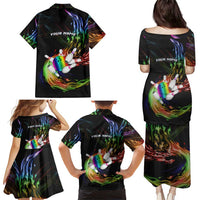 Custom Bowling Quarter Rainbow fFame Bowling Ball Family Matching Puletasi and Hawaiian Shirt with Colorful Flaming Strike Design Rainbow Ball - Wonder Print Shop