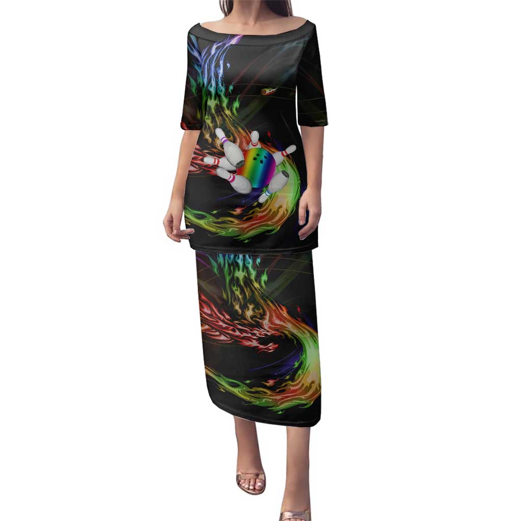 Custom Bowling Quarter Rainbow fFame Bowling Ball Family Matching Puletasi and Hawaiian Shirt with Colorful Flaming Strike Design Rainbow Ball - Wonder Print Shop