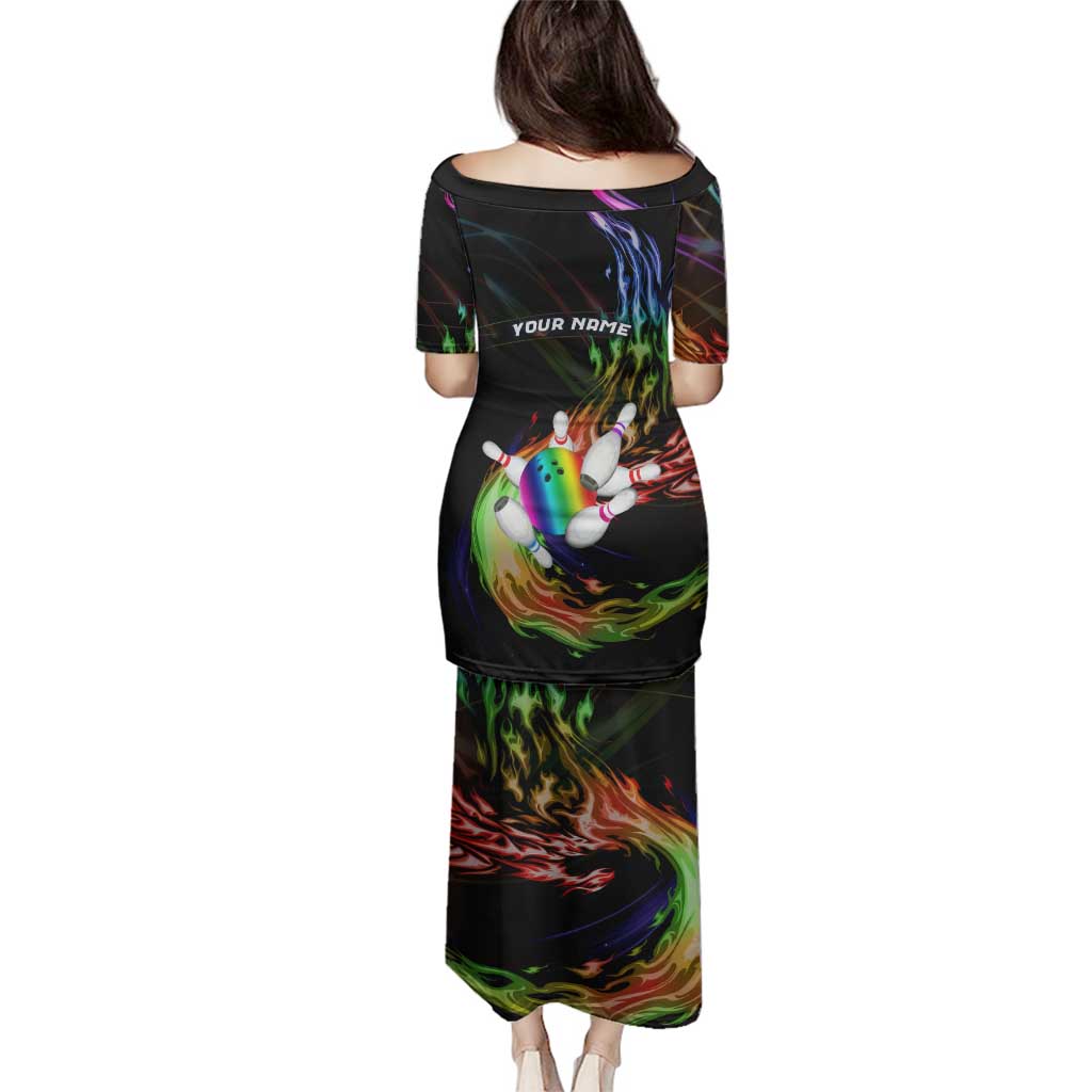Custom Bowling Quarter Rainbow fFame Bowling Ball Family Matching Puletasi and Hawaiian Shirt with Colorful Flaming Strike Design Rainbow Ball - Wonder Print Shop