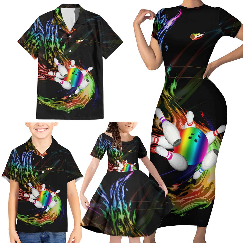 Custom Bowling Quarter Rainbow fFame Bowling Ball Family Matching Short Sleeve Bodycon Dress and Hawaiian Shirt with Colorful Flaming Strike Design Rainbow Ball - Wonder Print Shop