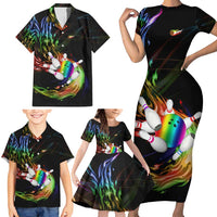 Custom Bowling Quarter Rainbow fFame Bowling Ball Family Matching Short Sleeve Bodycon Dress and Hawaiian Shirt with Colorful Flaming Strike Design Rainbow Ball - Wonder Print Shop