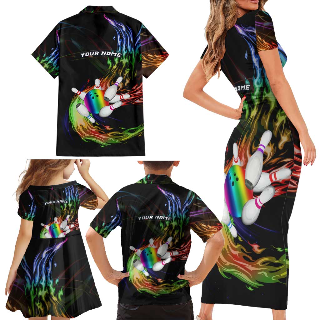 Custom Bowling Quarter Rainbow fFame Bowling Ball Family Matching Short Sleeve Bodycon Dress and Hawaiian Shirt with Colorful Flaming Strike Design Rainbow Ball - Wonder Print Shop