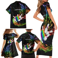 Custom Bowling Quarter Rainbow fFame Bowling Ball Family Matching Short Sleeve Bodycon Dress and Hawaiian Shirt with Colorful Flaming Strike Design Rainbow Ball - Wonder Print Shop