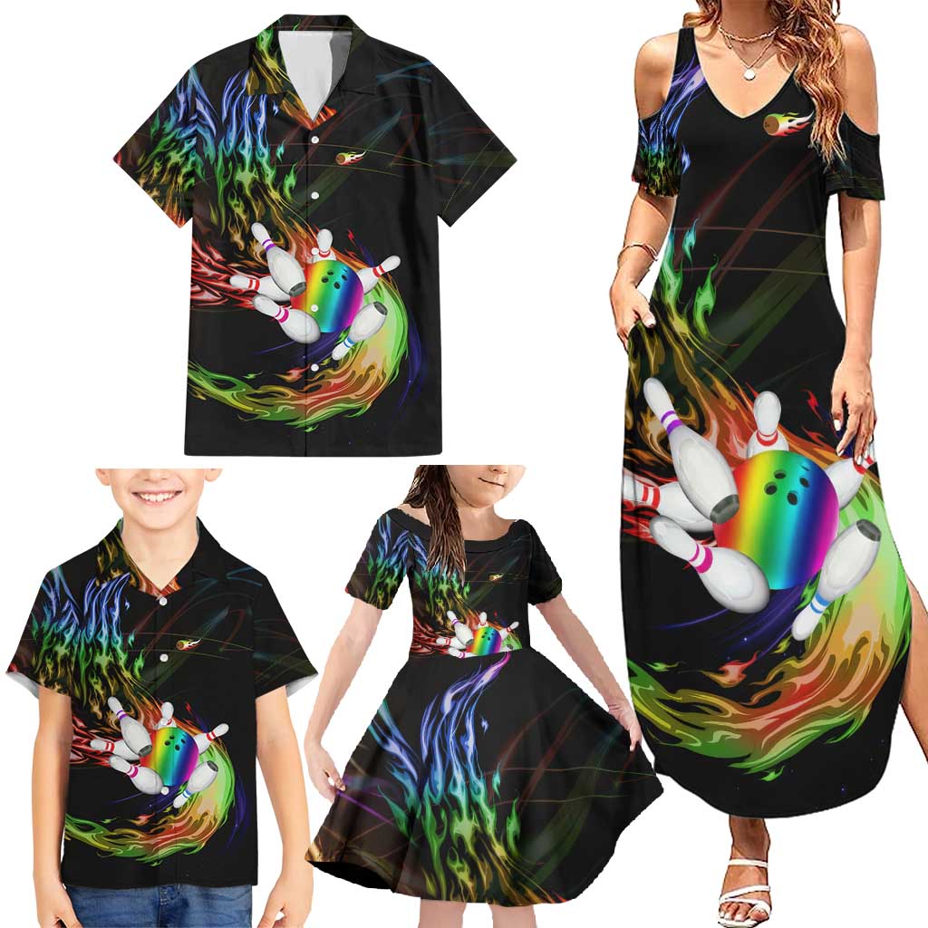 Custom Bowling Quarter Rainbow fFame Bowling Ball Family Matching Summer Maxi Dress and Hawaiian Shirt with Colorful Flaming Strike Design Rainbow Ball - Wonder Print Shop