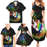 Custom Bowling Quarter Rainbow fFame Bowling Ball Family Matching Summer Maxi Dress and Hawaiian Shirt with Colorful Flaming Strike Design Rainbow Ball - Wonder Print Shop
