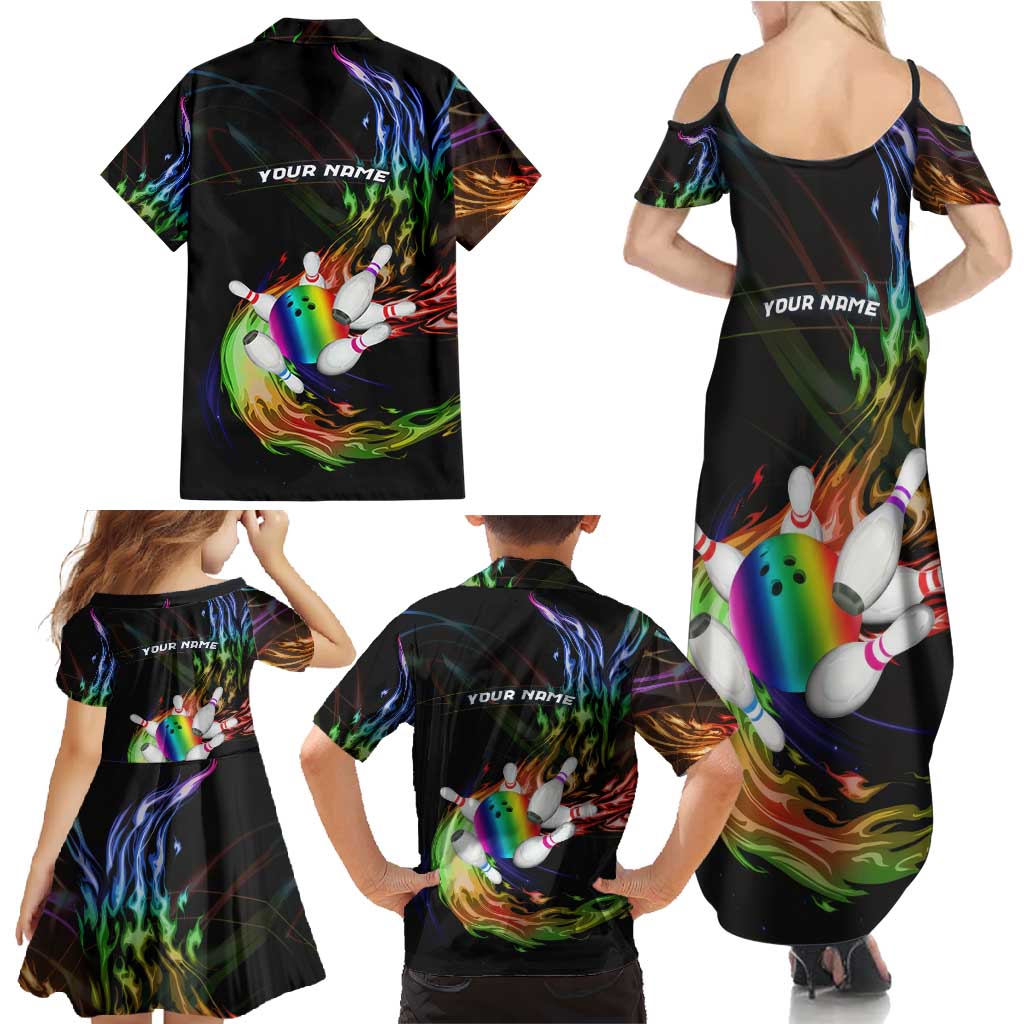 Custom Bowling Quarter Rainbow fFame Bowling Ball Family Matching Summer Maxi Dress and Hawaiian Shirt with Colorful Flaming Strike Design Rainbow Ball - Wonder Print Shop