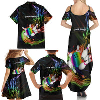 Custom Bowling Quarter Rainbow fFame Bowling Ball Family Matching Summer Maxi Dress and Hawaiian Shirt with Colorful Flaming Strike Design Rainbow Ball - Wonder Print Shop