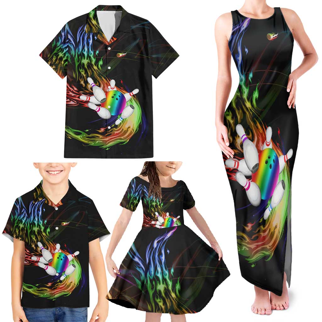 Custom Bowling Quarter Rainbow fFame Bowling Ball Family Matching Tank Maxi Dress and Hawaiian Shirt with Colorful Flaming Strike Design Rainbow Ball - Wonder Print Shop