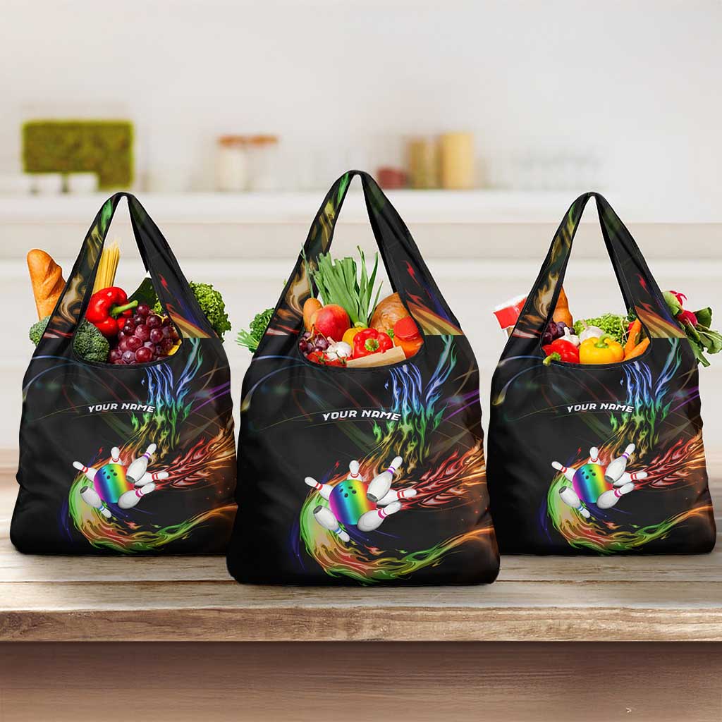Custom Bowling Quarter Rainbow fFame Bowling Ball Grocery Bag with Colorful Flaming Strike Design Rainbow Ball - Wonder Print Shop