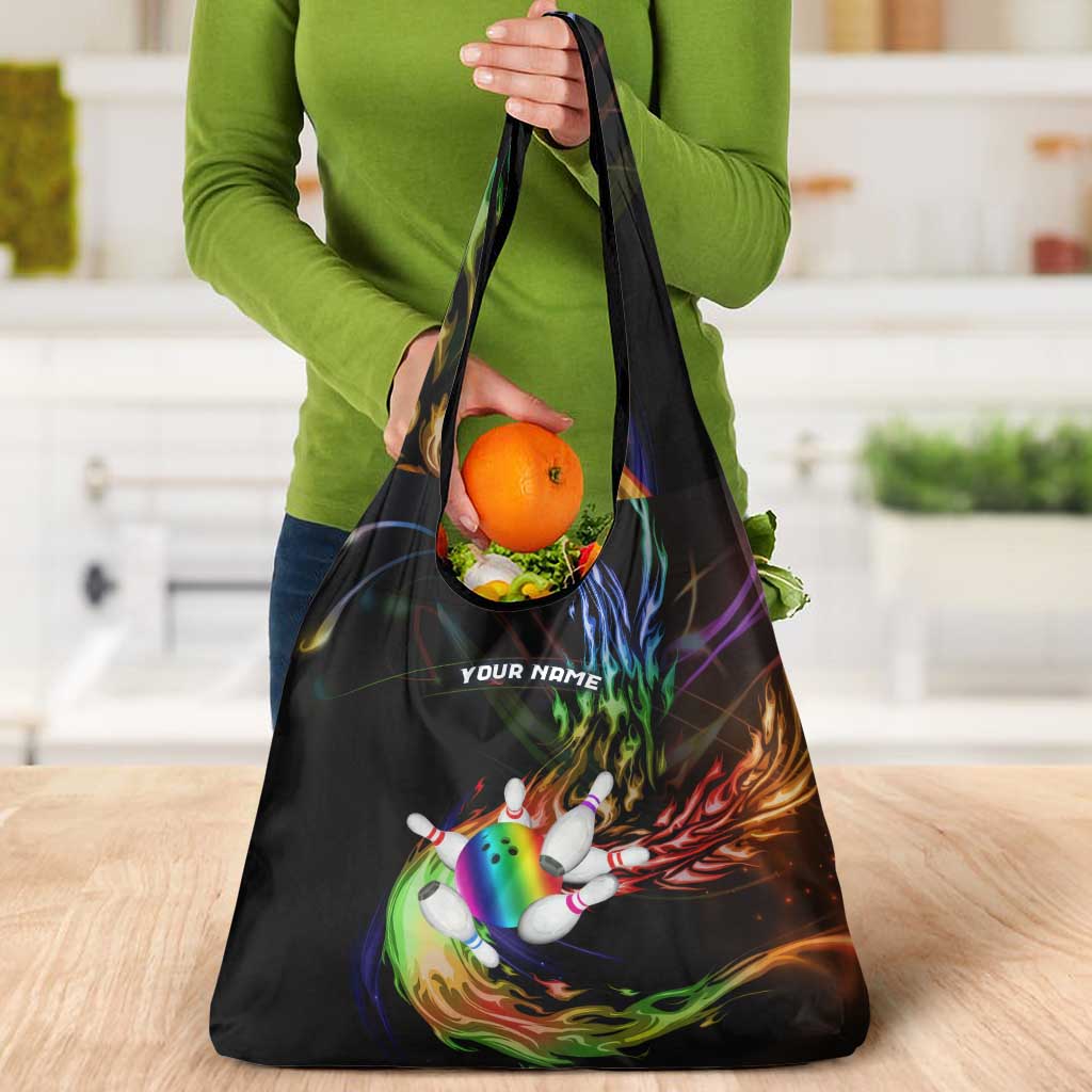 Custom Bowling Quarter Rainbow fFame Bowling Ball Grocery Bag with Colorful Flaming Strike Design Rainbow Ball - Wonder Print Shop
