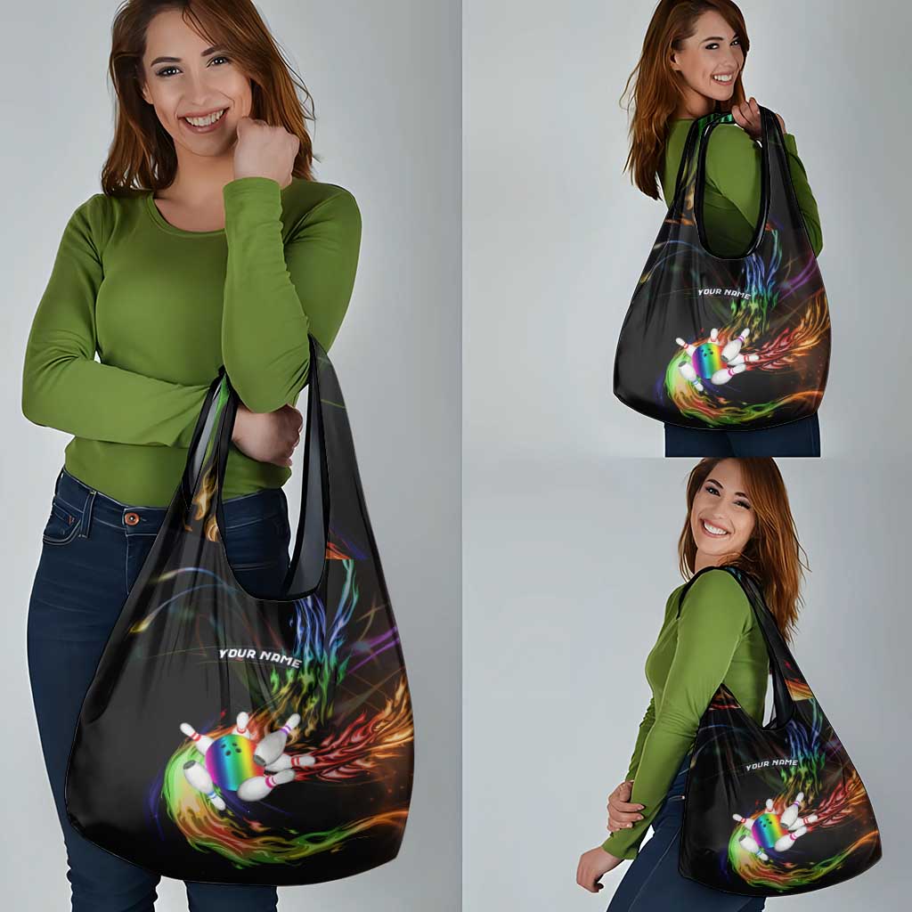 Custom Bowling Quarter Rainbow fFame Bowling Ball Grocery Bag with Colorful Flaming Strike Design Rainbow Ball - Wonder Print Shop
