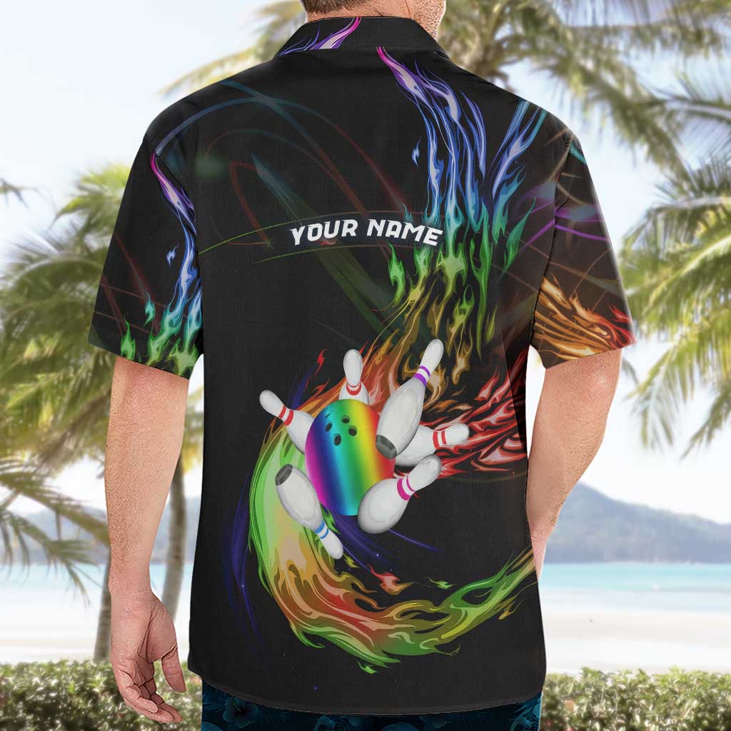 Custom Bowling Quarter Rainbow fFame Bowling Ball Hawaiian Shirt with Colorful Flaming Strike Design Rainbow Ball - Wonder Print Shop