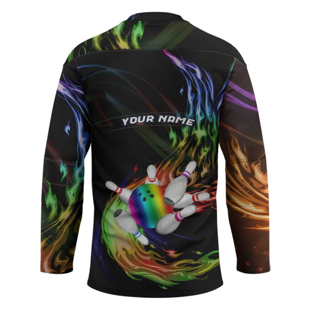 Custom Bowling Quarter Rainbow fFame Bowling Ball Hockey Jersey with Colorful Flaming Strike Design Rainbow Ball - Wonder Print Shop