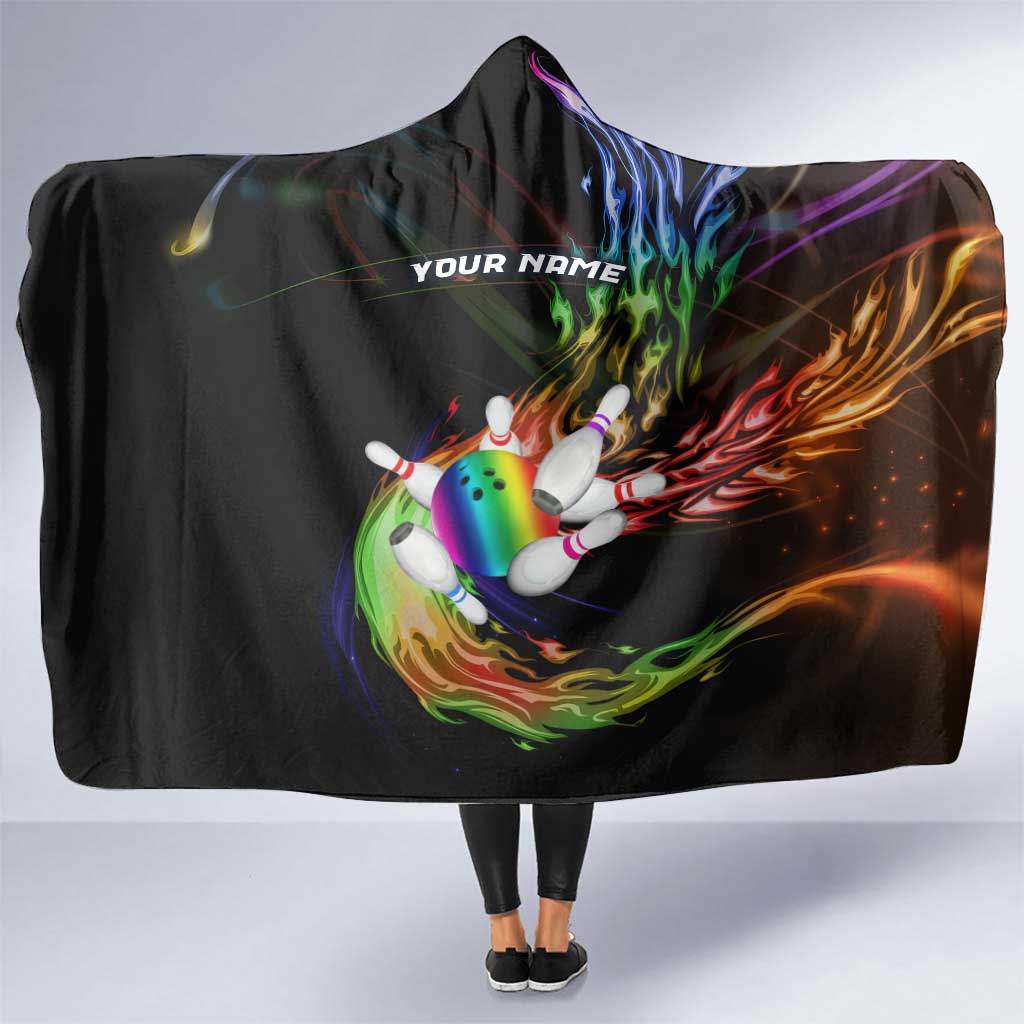 Custom Bowling Quarter Rainbow fFame Bowling Ball Hooded Blanket with Colorful Flaming Strike Design Rainbow Ball - Wonder Print Shop