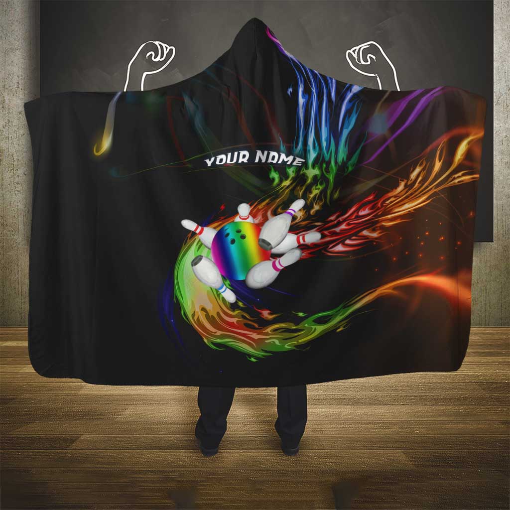 Custom Bowling Quarter Rainbow fFame Bowling Ball Hooded Blanket with Colorful Flaming Strike Design Rainbow Ball - Wonder Print Shop