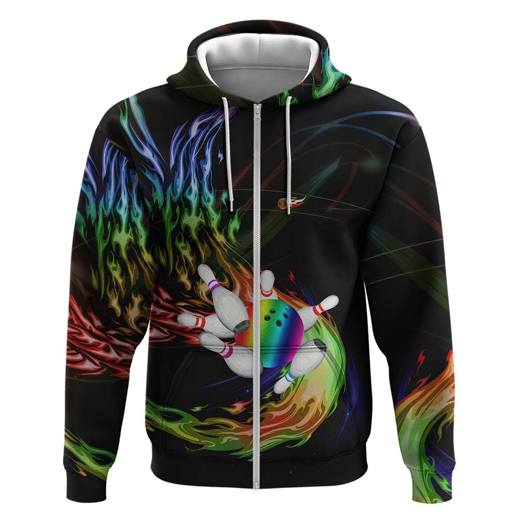 Custom Bowling Quarter Rainbow fFame Bowling Ball Hoodie with Colorful Flaming Strike Design Rainbow Ball - Wonder Print Shop
