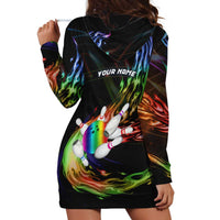 Custom Bowling Quarter Rainbow fFame Bowling Ball Hoodie Dress with Colorful Flaming Strike Design Rainbow Ball - Wonder Print Shop