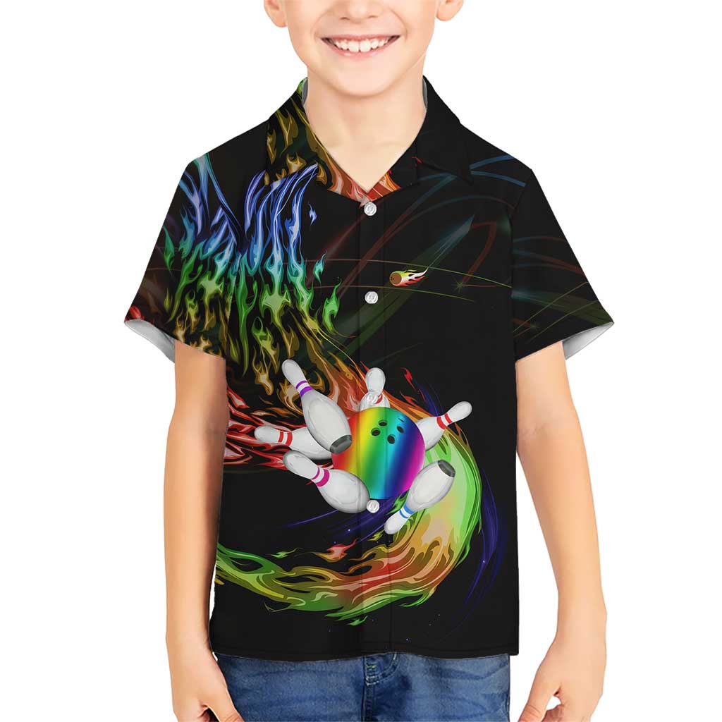 Custom Bowling Quarter Rainbow fFame Bowling Ball Kid Hawaiian Shirt with Colorful Flaming Strike Design Rainbow Ball - Wonder Print Shop