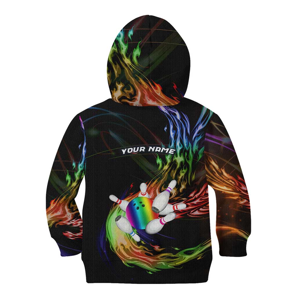 Custom Bowling Quarter Rainbow fFame Bowling Ball Kid Hoodie with Colorful Flaming Strike Design Rainbow Ball - Wonder Print Shop