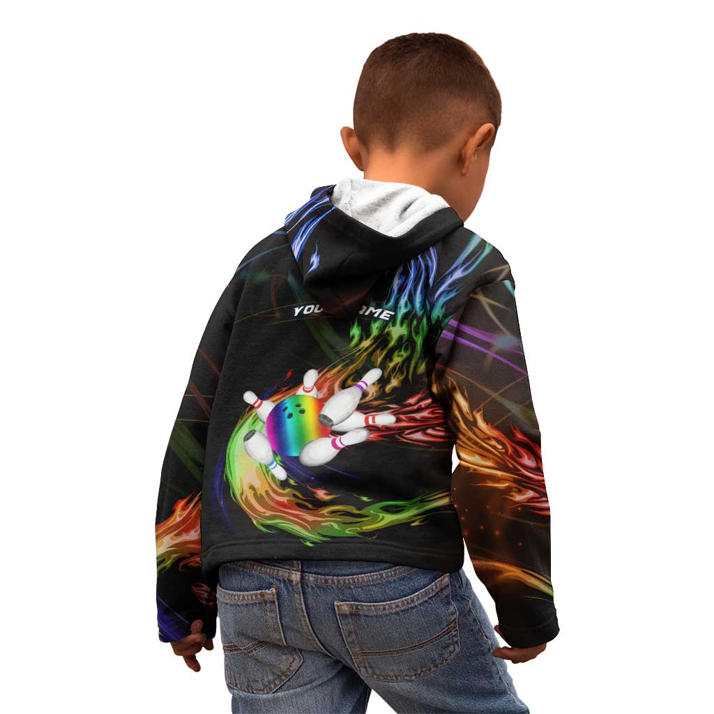 Custom Bowling Quarter Rainbow fFame Bowling Ball Kid Hoodie with Colorful Flaming Strike Design Rainbow Ball - Wonder Print Shop