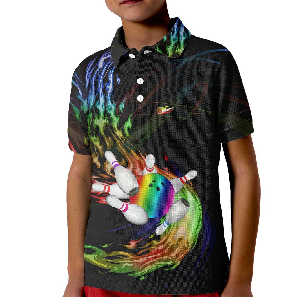 Custom Bowling Quarter Rainbow fFame Bowling Ball Kid Polo Shirt with Colorful Flaming Strike Design Rainbow Ball - Wonder Print Shop