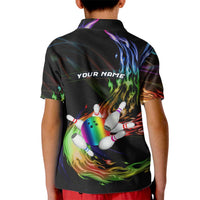 Custom Bowling Quarter Rainbow fFame Bowling Ball Kid Polo Shirt with Colorful Flaming Strike Design Rainbow Ball - Wonder Print Shop