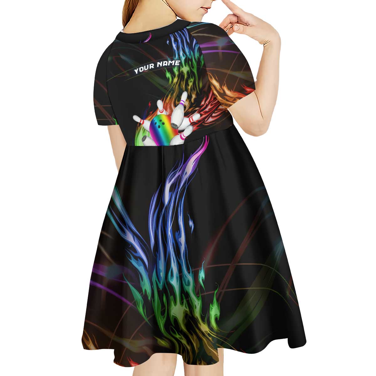 Custom Bowling Quarter Rainbow fFame Bowling Ball Kid Short Sleeve Dress with Colorful Flaming Strike Design Rainbow Ball - Wonder Print Shop