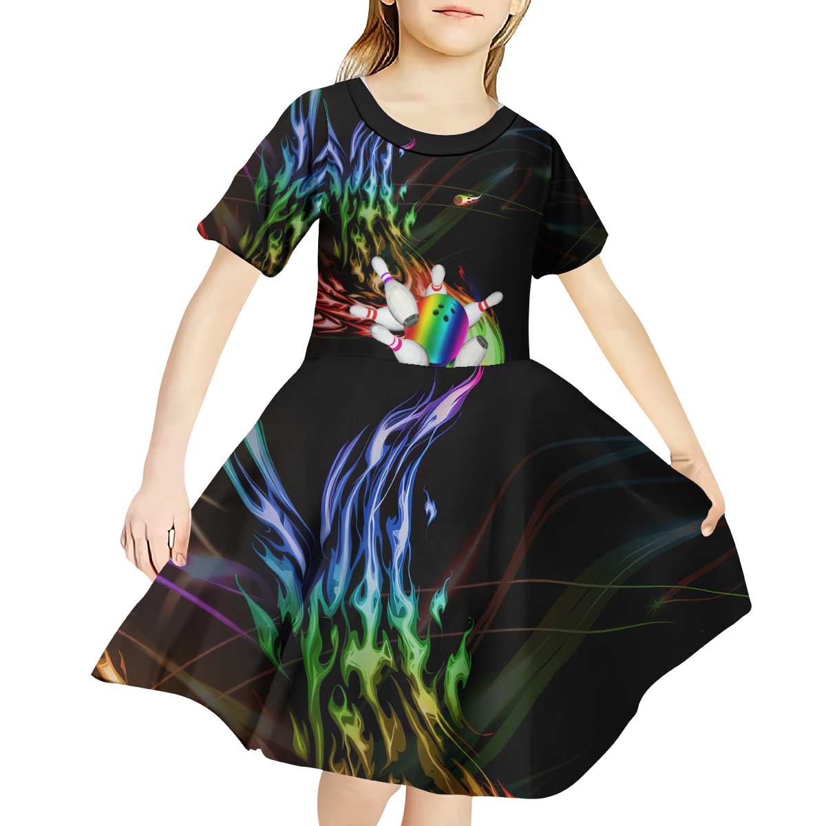 Custom Bowling Quarter Rainbow fFame Bowling Ball Kid Short Sleeve Dress with Colorful Flaming Strike Design Rainbow Ball - Wonder Print Shop