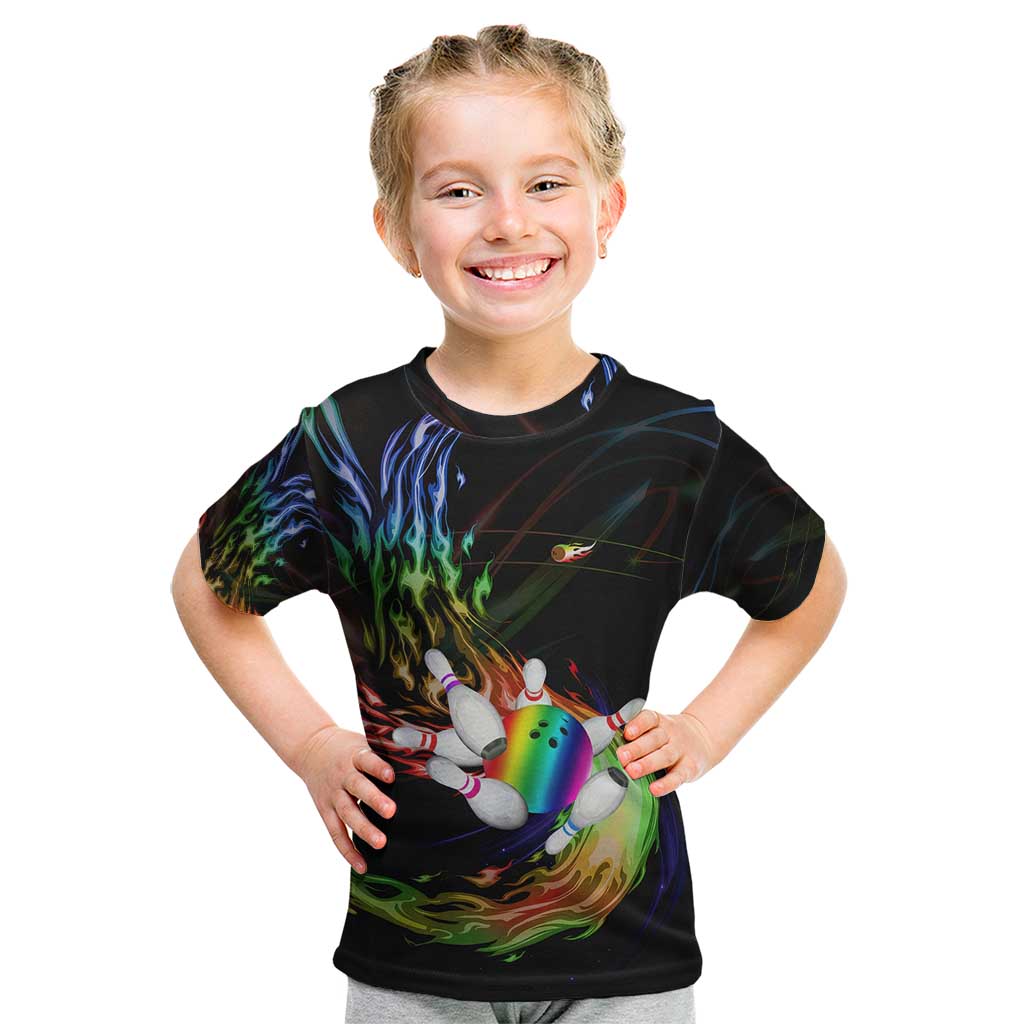 Custom Bowling Quarter Rainbow fFame Bowling Ball Kid T Shirt with Colorful Flaming Strike Design Rainbow Ball - Wonder Print Shop