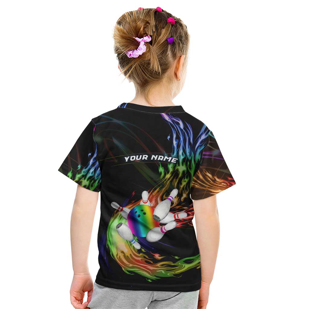 Custom Bowling Quarter Rainbow fFame Bowling Ball Kid T Shirt with Colorful Flaming Strike Design Rainbow Ball - Wonder Print Shop