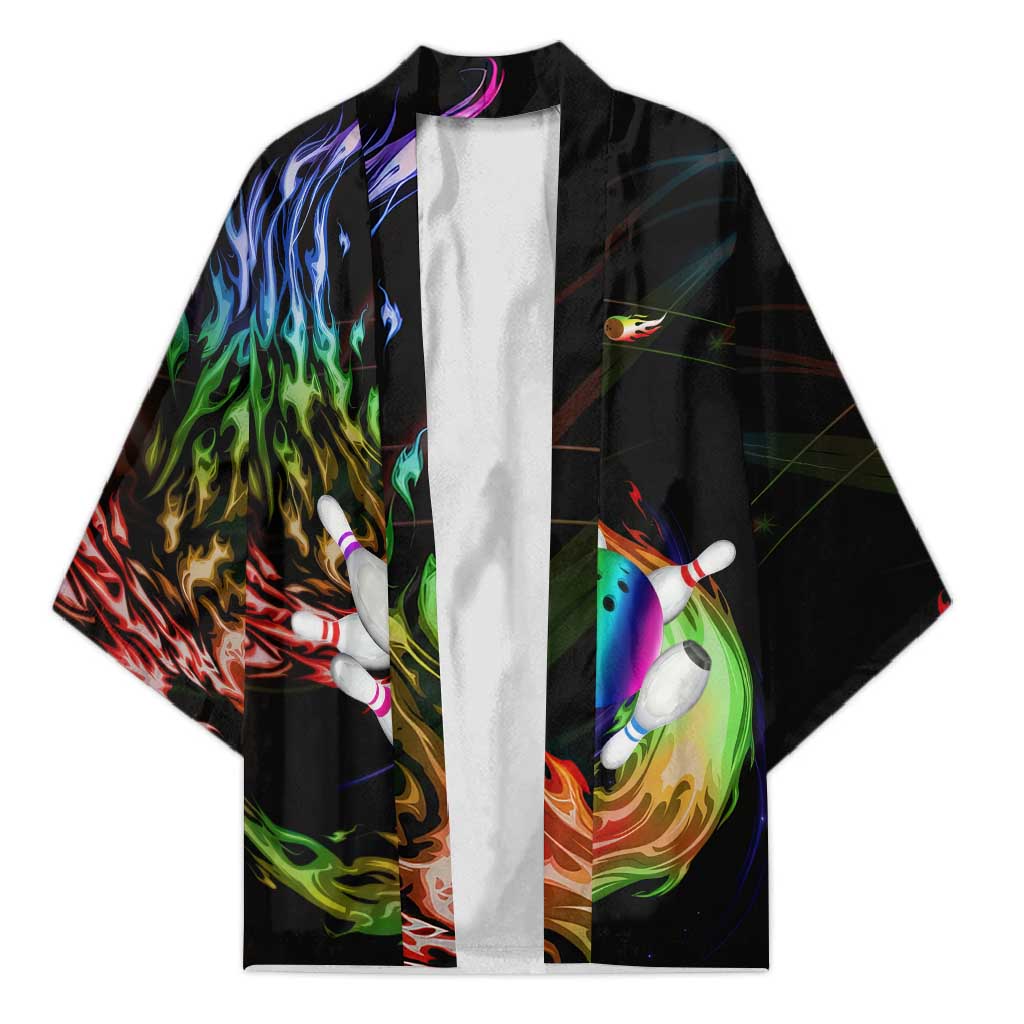 Custom Bowling Quarter Rainbow fFame Bowling Ball Kimono with Colorful Flaming Strike Design Rainbow Ball - Wonder Print Shop