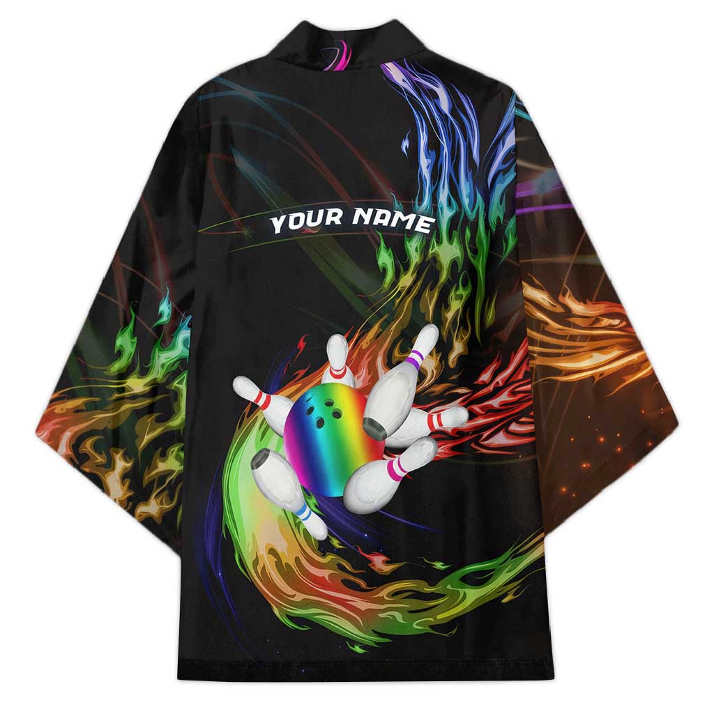 Custom Bowling Quarter Rainbow fFame Bowling Ball Kimono with Colorful Flaming Strike Design Rainbow Ball - Wonder Print Shop