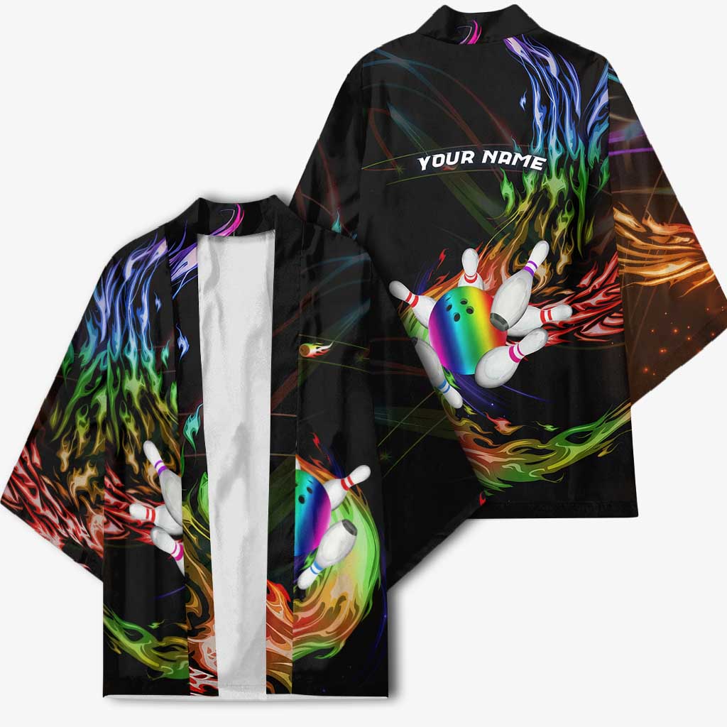 Custom Bowling Quarter Rainbow fFame Bowling Ball Kimono with Colorful Flaming Strike Design Rainbow Ball - Wonder Print Shop