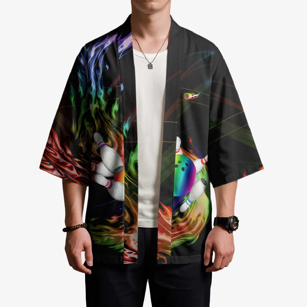 Custom Bowling Quarter Rainbow fFame Bowling Ball Kimono with Colorful Flaming Strike Design Rainbow Ball - Wonder Print Shop