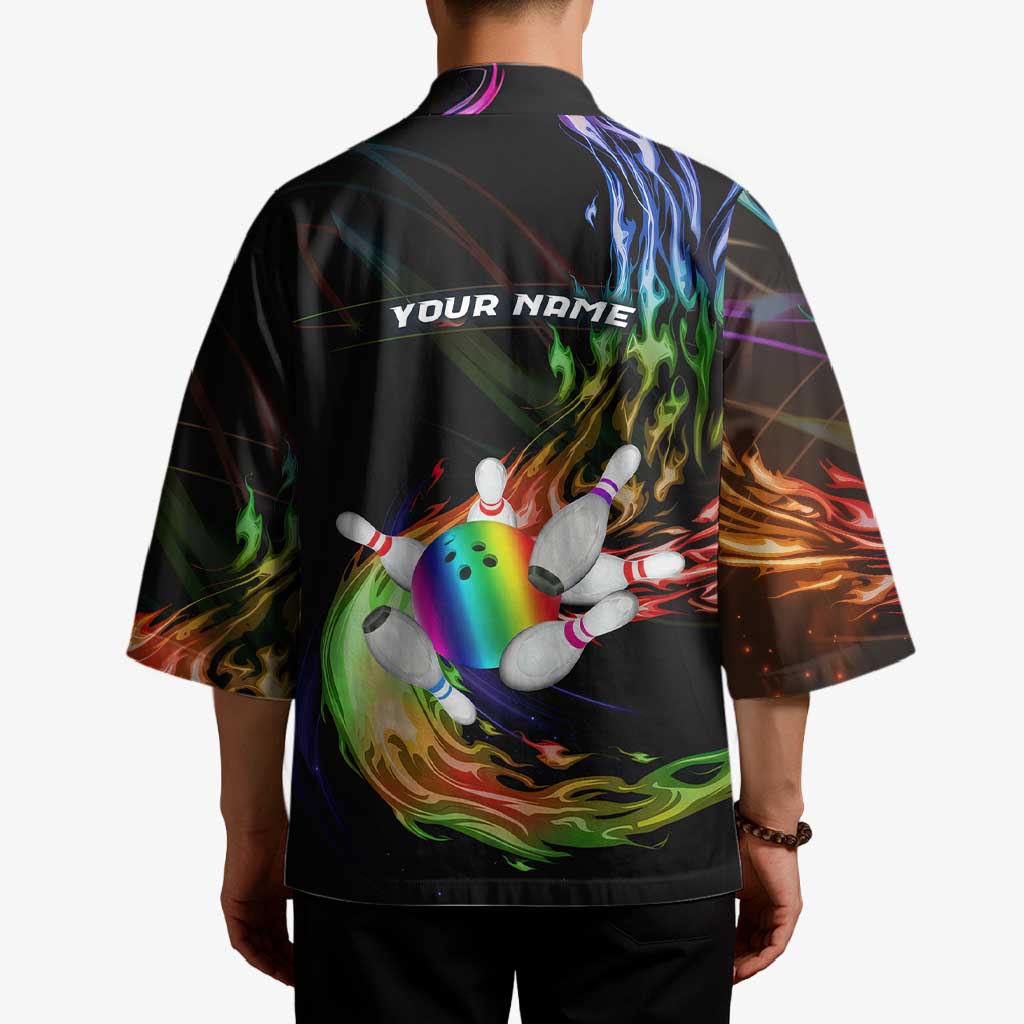 Custom Bowling Quarter Rainbow fFame Bowling Ball Kimono with Colorful Flaming Strike Design Rainbow Ball - Wonder Print Shop