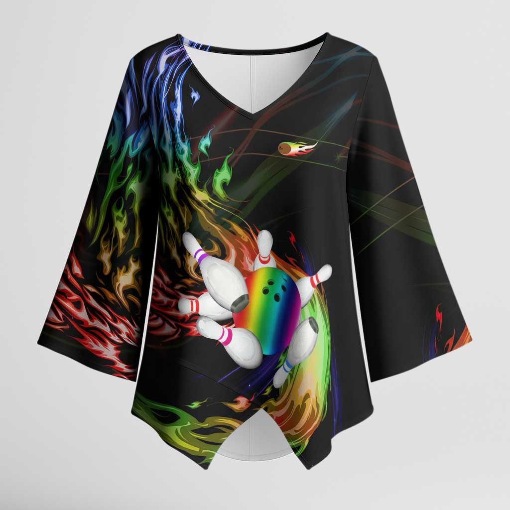 Custom Bowling Quarter Rainbow fFame Bowling Ball Kimono Sleeve Blouse with Colorful Flaming Strike Design Rainbow Ball - Wonder Print Shop