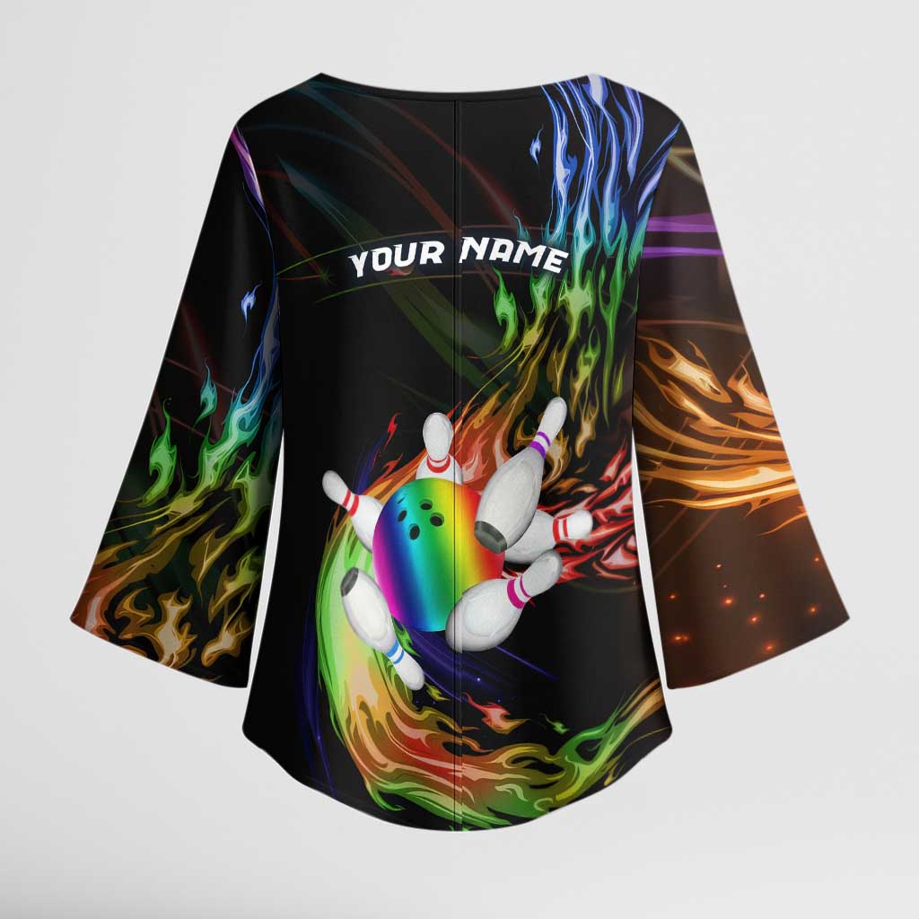 Custom Bowling Quarter Rainbow fFame Bowling Ball Kimono Sleeve Blouse with Colorful Flaming Strike Design Rainbow Ball - Wonder Print Shop