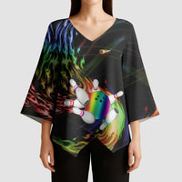 Custom Bowling Quarter Rainbow fFame Bowling Ball Kimono Sleeve Blouse with Colorful Flaming Strike Design Rainbow Ball - Wonder Print Shop