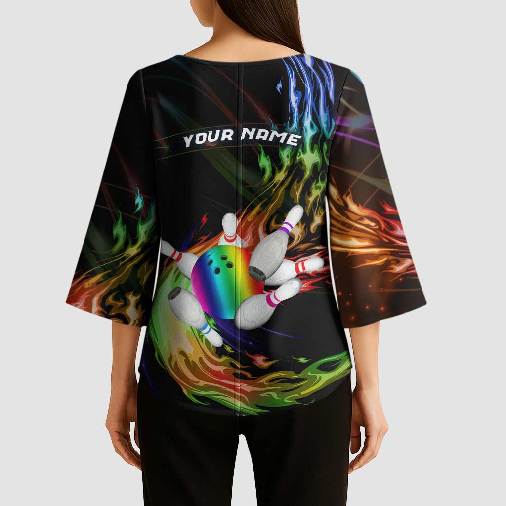 Custom Bowling Quarter Rainbow fFame Bowling Ball Kimono Sleeve Blouse with Colorful Flaming Strike Design Rainbow Ball - Wonder Print Shop