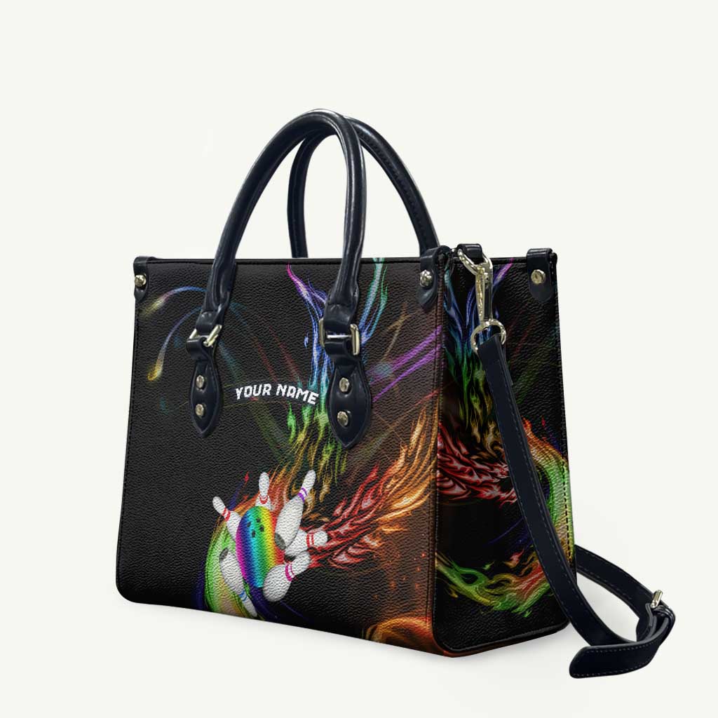 Custom Bowling Quarter Rainbow fFame Bowling Ball Leather Bag with Colorful Flaming Strike Design Rainbow Ball - Wonder Print Shop