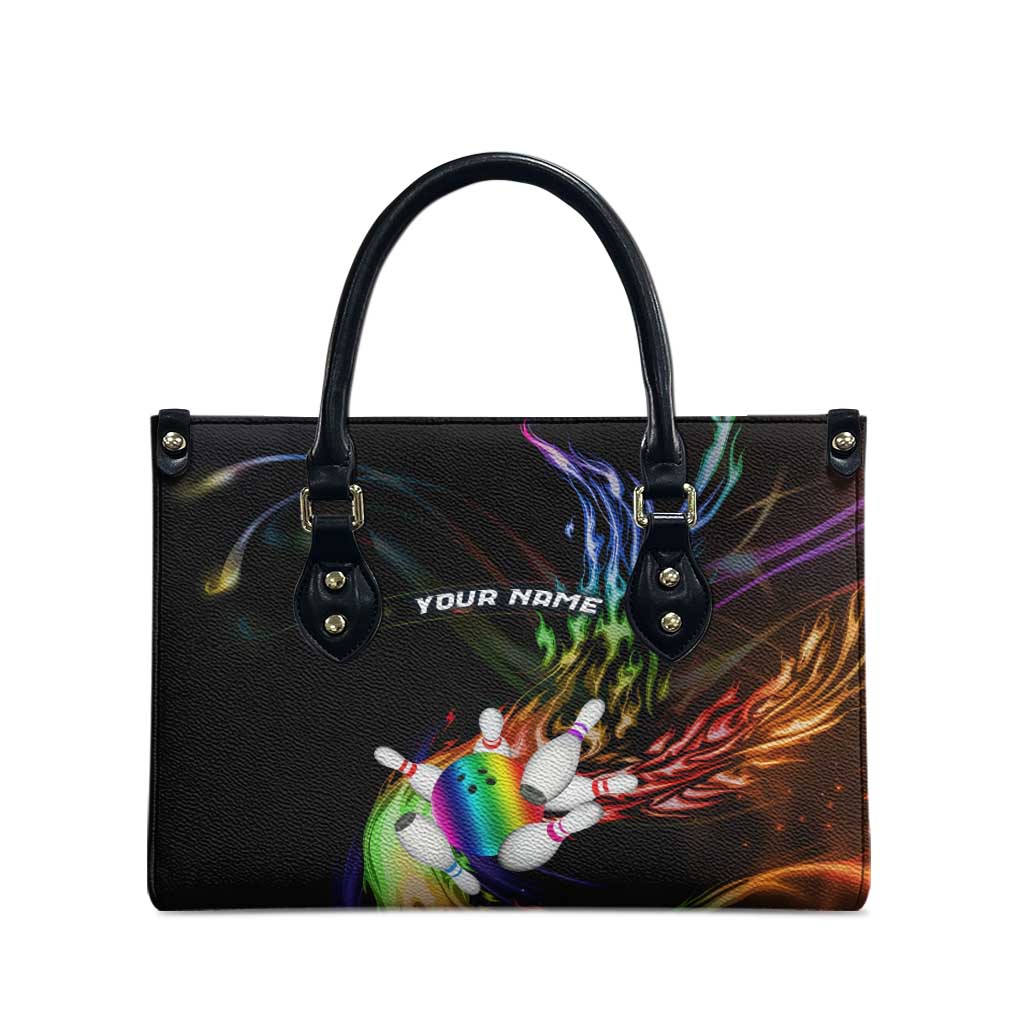 Custom Bowling Quarter Rainbow fFame Bowling Ball Leather Bag with Colorful Flaming Strike Design Rainbow Ball - Wonder Print Shop