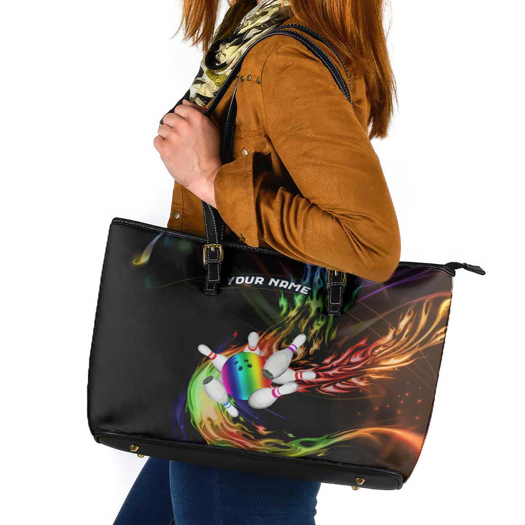 Custom Bowling Quarter Rainbow fFame Bowling Ball Leather Tote Bag with Colorful Flaming Strike Design Rainbow Ball - Wonder Print Shop