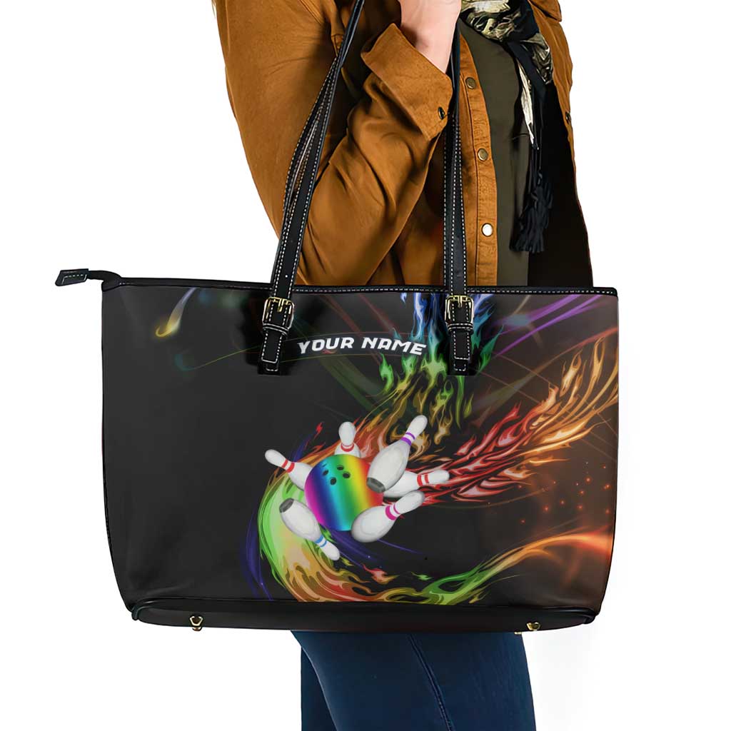 Custom Bowling Quarter Rainbow fFame Bowling Ball Leather Tote Bag with Colorful Flaming Strike Design Rainbow Ball - Wonder Print Shop