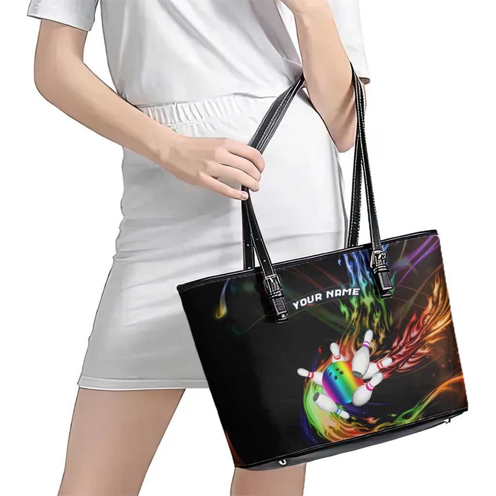 Custom Bowling Quarter Rainbow fFame Bowling Ball Leather Tote Bag with Colorful Flaming Strike Design Rainbow Ball - Wonder Print Shop