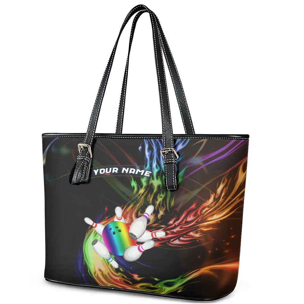 Custom Bowling Quarter Rainbow fFame Bowling Ball Leather Tote Bag with Colorful Flaming Strike Design Rainbow Ball - Wonder Print Shop