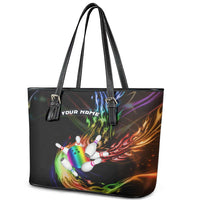 Custom Bowling Quarter Rainbow fFame Bowling Ball Leather Tote Bag with Colorful Flaming Strike Design Rainbow Ball - Wonder Print Shop